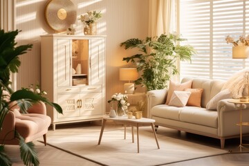 This template showcases a stylish and nostalgic home interior design that features a gold imitation frame, a vintage cupboard adorned with accessories, and a charming plant composition. The cozy home
