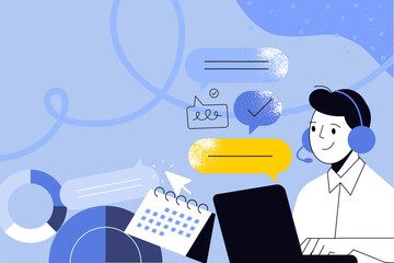 Business creative illustration. Vector concept of communication, support, call center. Illustration for web banner, social media, business presentation, marketing material. 