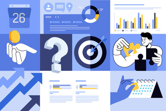 Business creative illustrations. Set of vector concepts of business solution, planning and strategy, team management, productivity. Illustrations for web banner, social media, business presentation, m