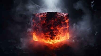 Fototapeta premium Futuristic glowing cube with smoke and heated lava on dark background created with Generative AI