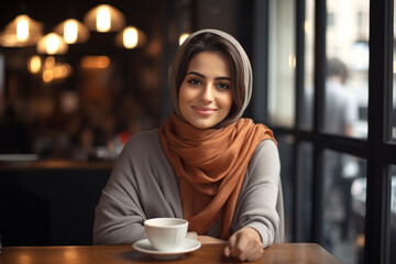 Portrait of a beautiful Persian lady sitting in a cafe and enjoying her coffee | Fictional character 