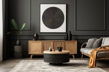 This template showcases the artistic arrangement of a living room interior, featuring a mock up poster frame, a round coffee table in black, a wooden sideboard, a dark wall adorned with stucco texture