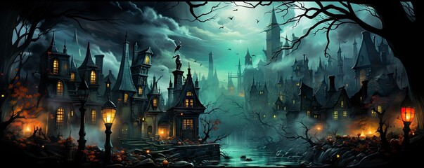 Halloween night with a spooky house and bats, halloween background.