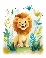 drawn cute Lion cub on a white background. Generative AI