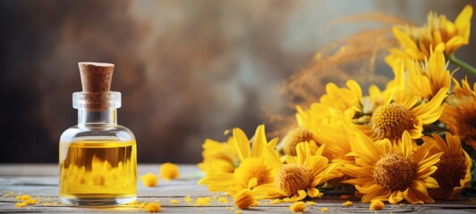 Arnica oil cream. Cosmetic cream lotion oil with natural fresh Arnica. Copyspace. Photo texture. Horizontal banner. Ai generated