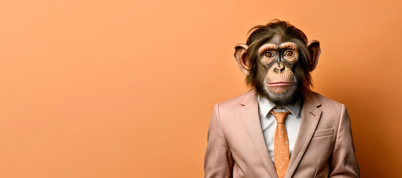 Ape or monkey in smart business suit and tie, looking serious businessman. Wide banner with copy space on side. Generative AI