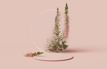 3D display podium pastel pink flower  background with round glass frame.. Nature minimal pedestal for beauty, cosmetic product presentation. Feminine copy space template 3d render