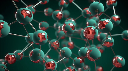 A molecular structure with red and green balls representing atoms - Science Particle Wallpaper created with Generative AI technology - obrazy, fototapety, plakaty