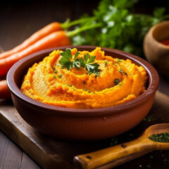 pur&eacute;e de carotte en gros plan - IA Generative