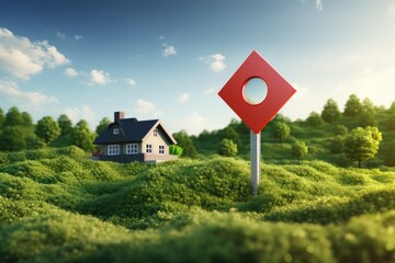 3D illustration of a large advertising sign symbolizing a house with a location pin icon planted on the earths surface, surrounded by lush green grass. This imagery represents the concept of real