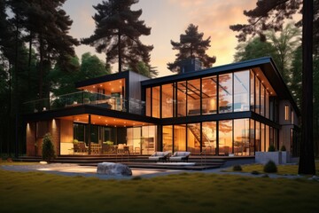 Obraz premium Modern house in the forest, lit up at night. Generative AI.