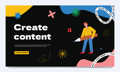 A man with a large pencil, a symbol of a content creator, artist, designer, blogger. A bright trendy landing page template.