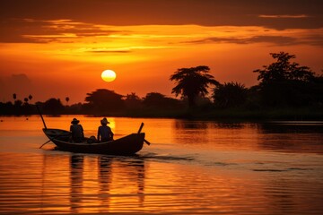 People rowing a canoe down a lake at sunset.