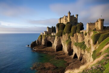 Fototapeta na wymiar wallpaper, panoramic of the coastline with a medieval castle, generative ai