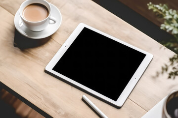 Fototapeta na wymiar Mock up of tablet blank screen on table with coffee cup, view at the top. Generative AI. 