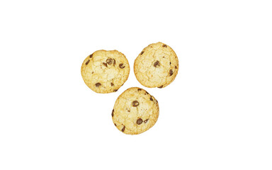 three pieces of chocolate cookies on white background