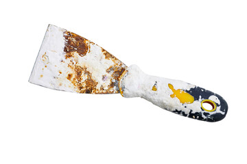 Old steel trowel scraper used or spatula  isolated on white background
