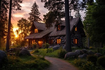 A rustic house in the middle of a forest at sunset.