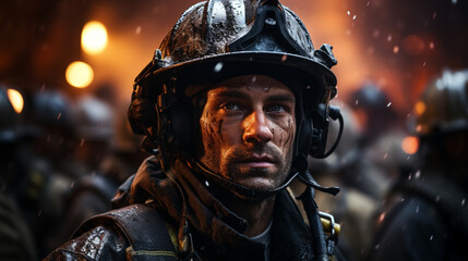 Fototapeta premium Firefighter looking brave to do his job, ai generated