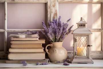 Farmhouse interior decor with a rustic and vintage touch, showcasing the shabby chic style. The arrangement includes a pitcher filled with lavender, books, and a lantern placed on a distressed shelf