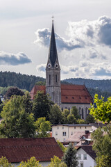 Fototapeta na wymiar View at parish church Teisnach, a small village in the bavarian forest, germany