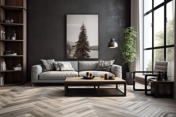 A living room decorated in a monochromatic style, featuring wooden and grey tiled accents, as well as a rug with a chevron pattern.