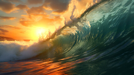 .Colorful huge ocean wave at sunset. Sunset light and beautiful colorful clouds on beach background.