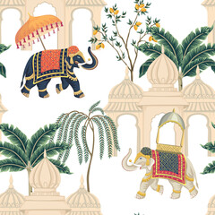 Indian elephants in the town seamless pattern. Ethnic wallpaper. - 633139730