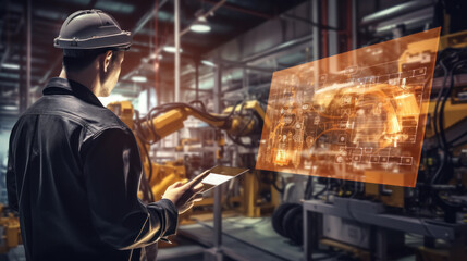 Fototapeta premium 4.0 Industry. Manager Technical Industrial Engineer working and control robotics with monitoring system software and icon industry network connection on tablet.
