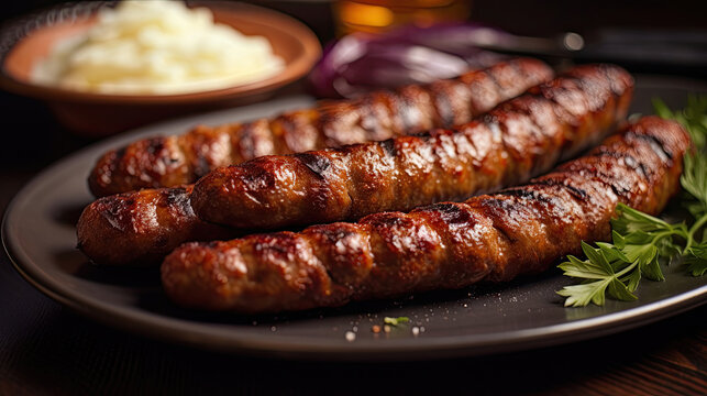 Mouthwatering Close-up Food Photography of Chevapchichi on a Plate - A Delicious Balkan Culinary Delight