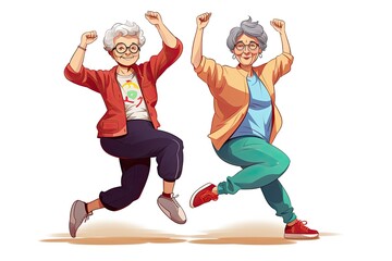 Two happy gray-haired elderly women doing physical exercises on a white background, active healthy lifestyle. Flat minimalistic isolated illustration 