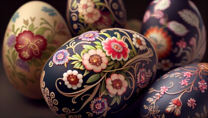 Colorful Easter eggs with flowers in the grass.. Photo in high quality