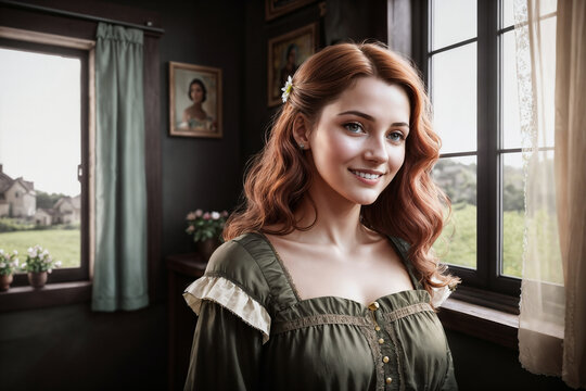 Portrait of a beautiful woman at the window in the room of a village house. Generative AI.