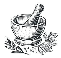 Mortar and pusher for herb grinding isolated on a white background. Hand drawn sketch vintage vector illustration - obrazy, fototapety, plakaty