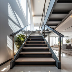 large escalier de type industriel dans un loft - IA Generative - obrazy, fototapety, plakaty