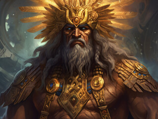 An Aztec god majestic golden headdress fantasy character Generative Ai