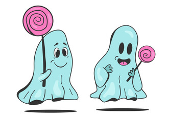 ?ute groovy ghost is holding candy. Cartoon character style for Halloween