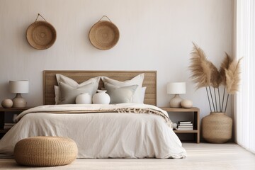 A contemporary bedroom nook featuring a chic rattan headboard and a bed adorned with plush cushions. The setting is enhanced by the presence of soft white pillows and a plywood wall as a backdrop