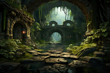 Background environment of 3D abstract secret escape route for adventure mobile game. Cartoon style of escape route in rain forest in game art background environment.