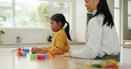 Woman, girl and building blocks, puzzle and learning with education toys, development and bonding at home. Mother, young daughter and growth, help and support with love, trust and academic games