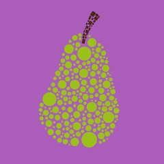 Pear made of small green circles and brown rectangles on purple background