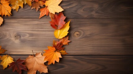 Naklejka na ściany i meble Autumn leaves circle on wooden background with copy space for your text created with Generative AI