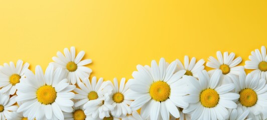Fototapeta premium Chamomile flowers on yellow background. Copyspace. Horizontal banner poster texture. Ai generated