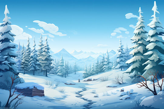 Abstract 2D snowy pine forest background environment for adventure or battle mobile game. Snowy forest cartoon style in game art background environment.