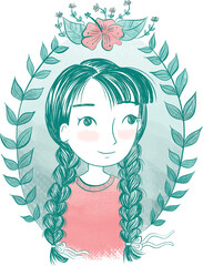 Girl with braids story book style illustration