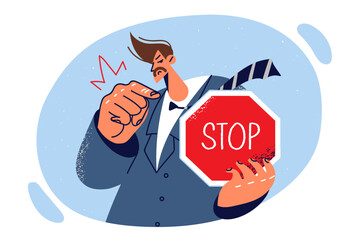 Business man with stop signboard, warns danger and orders to prevent actions that threaten company