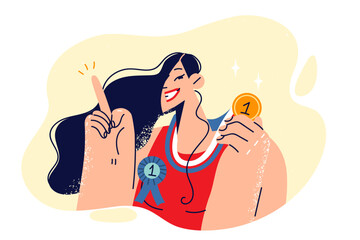 Woman champion with gold medal for sports achievements and victory in competitions
