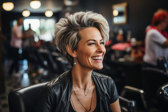 Attraktives &auml;lteres weibliches Model mit kurzen grauen und schwarzen Haarstr&auml;hnen in einem Friseursalon.