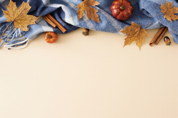Feel the fall comfort at home. Top view shot of warm plaid, cinnamon sticks, pumpkins, acorns, dry autumn leaves on pastel beige background with blank space for promo or text