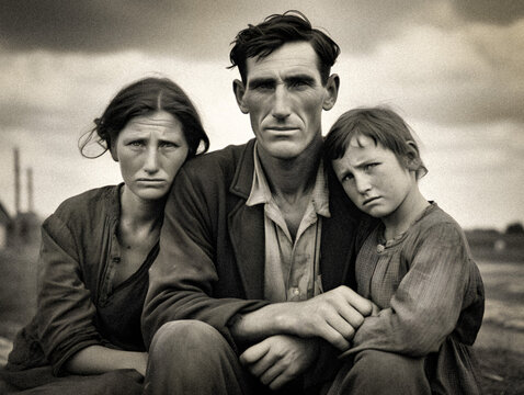 Black and white photo capturing the struggles of a poor family during the Great Depression - generative ai